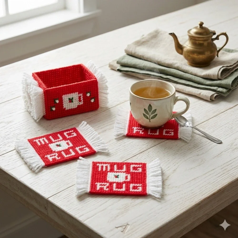 Vintage Handmade Needlepoint Mug Rug Coaster Set Red White 7pc with‎ Holder